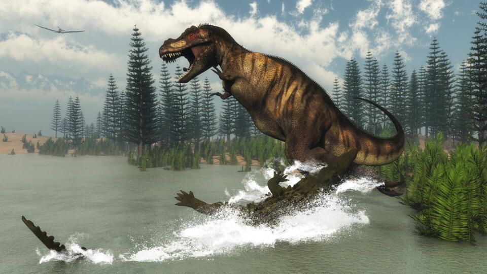 Tyrannosaurus,Rex,Dinosaur,Attacked,By,Deinosuchus,Crocodile,Near,Calamite,Trees