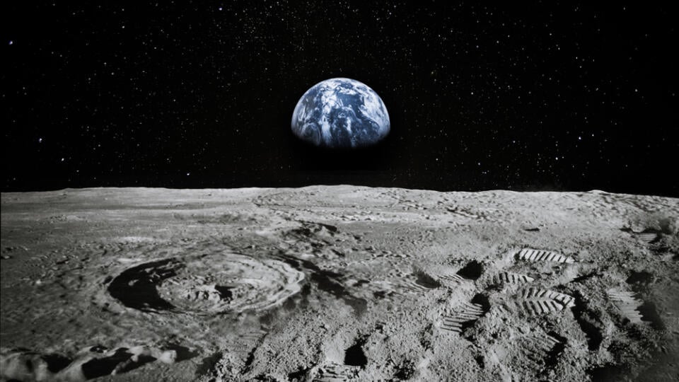 View,Of,Moon,Limb,With,Earth,Rising,On,The,Horizon.