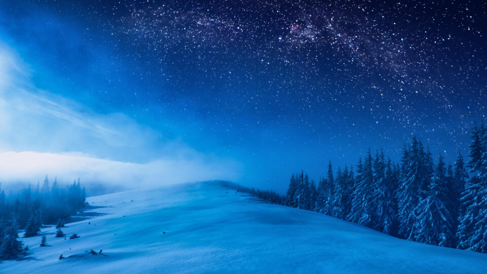 Forest,On,A,Mountain,Ridge,Covered,With,Snow.,Milky,Way