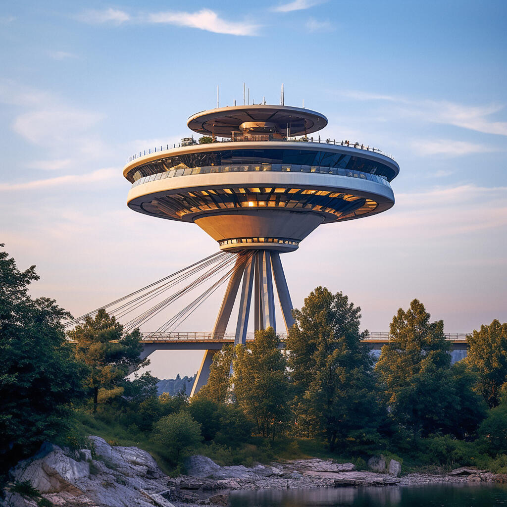 Vyhliadková veža UFO. Z vyhliadkovej plošiny vidno do diaľky až sto kilometrov. A takto by ju videl Frank Lloyd Wright.