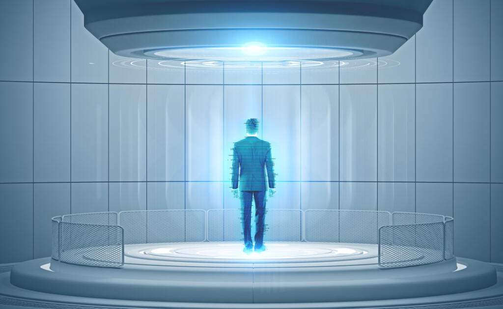 Rear,View,Of,Businessman,Hologram,In,A,Holodeck.,Concept,Of