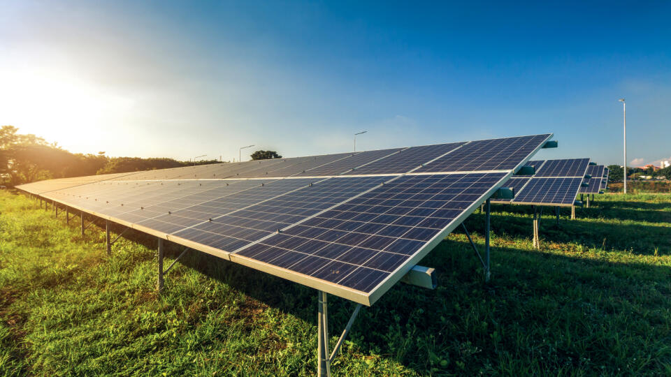Photovoltaic,Solar,Power,Panel,On,Sky,Background,,Green,Clean,Alternative