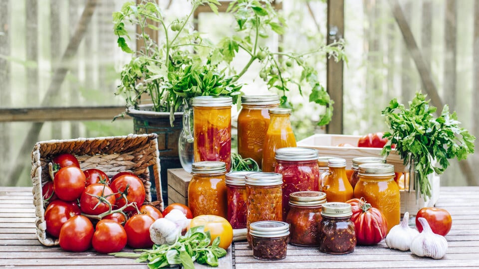 Homemade,Canned,Tomato,Sauce,And,Chilli,Chutney,In,Glass,Jars