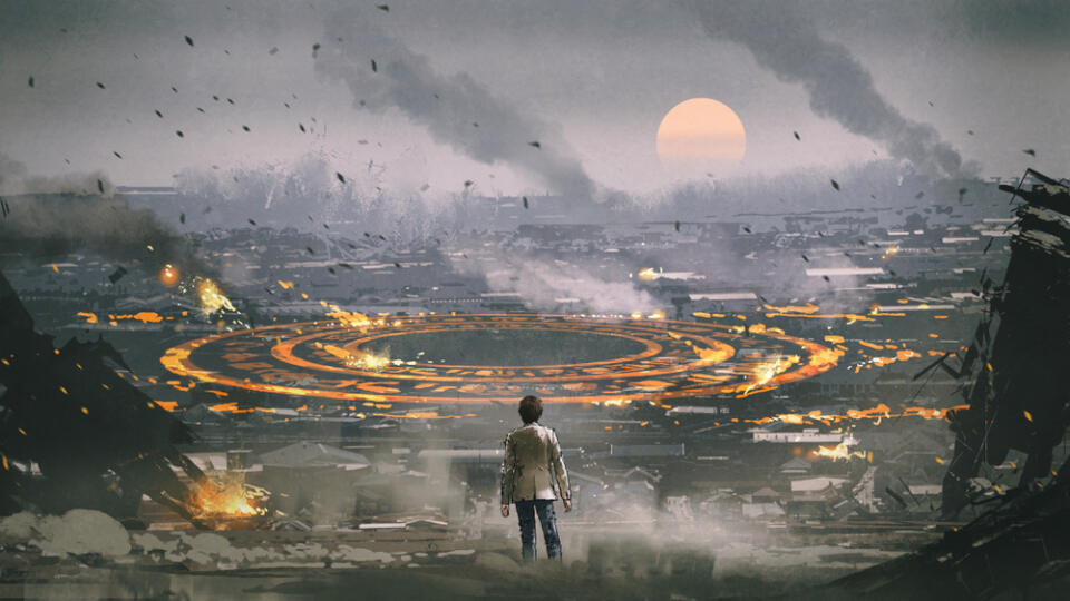 Post,Apocalypse,Scene,Showing,The,Man,Standing,In,Ruined,City