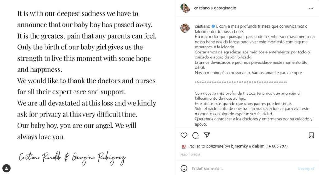 Apríl 2022 - Cristiano a Georgina informujú na svojich účtoch na instagrame, že z dvojičiek, ktoré Georgina porodila, prežilo len dievčatko.