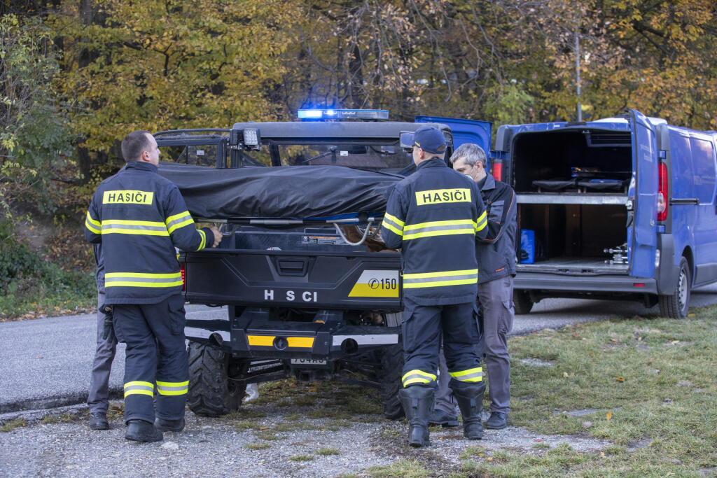 Na snímke hasiči a policajti vynášajú telo tragicky zosnulého hokejistu Dušana Pašek.