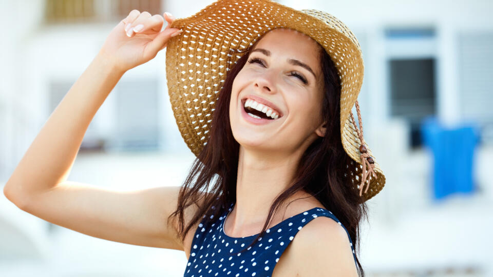 Portrait,Of,A,Beautiful,Woman,In,A,Straw,Hat.,Laughing