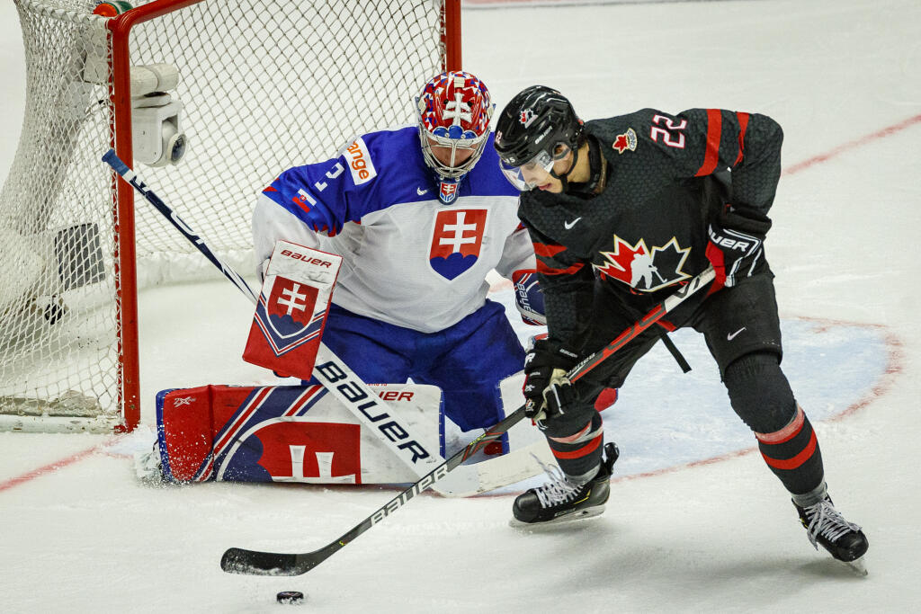 Na snímke Samuel Hlavaj a Dylan Cozens počas zápasu štvrťfinále IIHF Majstrovstiev sveta v ľadovom hokeji hráčov do 20 rokov medzi Kanadou a Slovenskom.