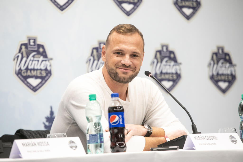 Marián Gáborík počas tlačovej konferencie na Winter Games.