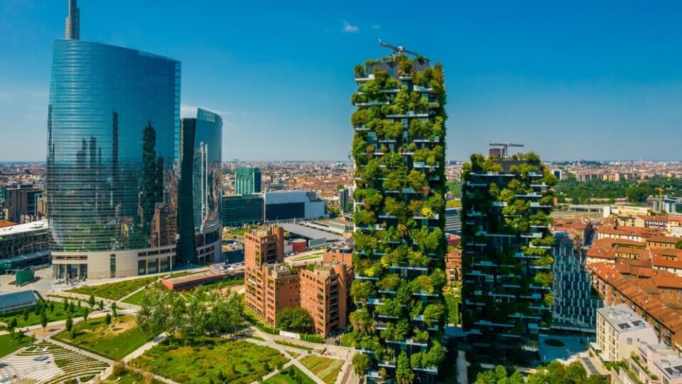 Aerial view of Bosco Verticale in Milan Porta Nuova district also known as Vertical forest buildings. Residential buildings with many trees and other plants in balconies