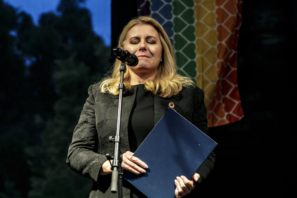 Pictured is the President of the Slovak Republic Zuzana Čaputová during a speech after the march to condemn hatred towards the LGBTI community in Bratislava on October 14, 2022. The parade from Zámocká Street to the SNP Square for the victims of the tragedy was organized by Inicatíva Inakosť and Rainbow Pride Bratislava.  TASR PHOTO - Dano Veselský