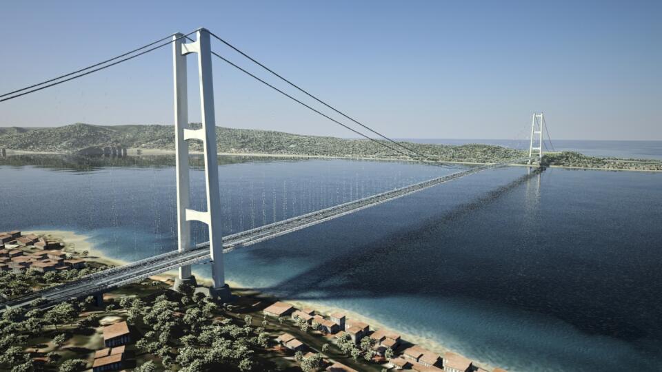 AZ22 Rím - Na snímke vizualizácia nového mosta, ktorý prepojí pevninskú časť Talianska so Sicíliou v utorok 5. augusta 2025. Talianska vláda v stredu 6. augusta definitívne schválila projekt v hodnote 13,5 miliardy eur na výstavbu mosta v Messinskom prielive. Pôjde o najdlhší visutý most na svete a podľa vlády bude schopný odolávať silnému vetru aj zemetraseniam v tomto regióne ležiacom na dvoch tektonických platniach. Dokončený by mal byť v roku 2032. FOTO TASR/AP
This digital rendering shows