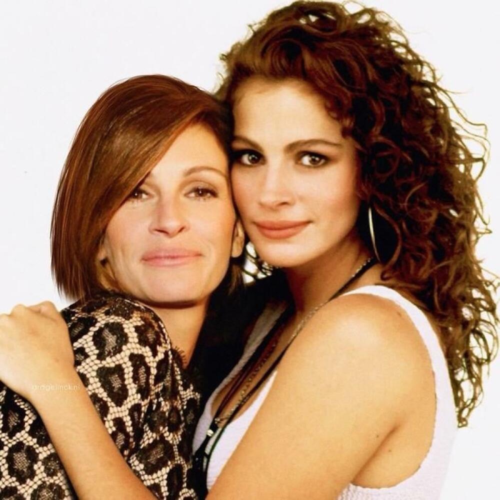 Julia Roberts vľavo v civile a vpravo ako filmová Vivian