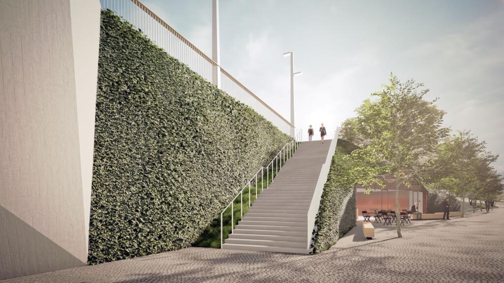 Z Dvoreckého mosta vedú ku kaviarni schody, architekti mysleli aj na návrh okolia.