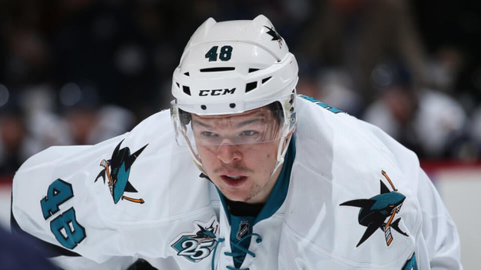 DENVER, CO - FEBRUARY 24:  Tomas Hertl #48 of the San Jose Sharks awaits a face off against the Colorado Avalanche at Pepsi Center on February 24, 2016 in Denver, Colorado.  (Photo by Doug Pensinger/Getty Images)