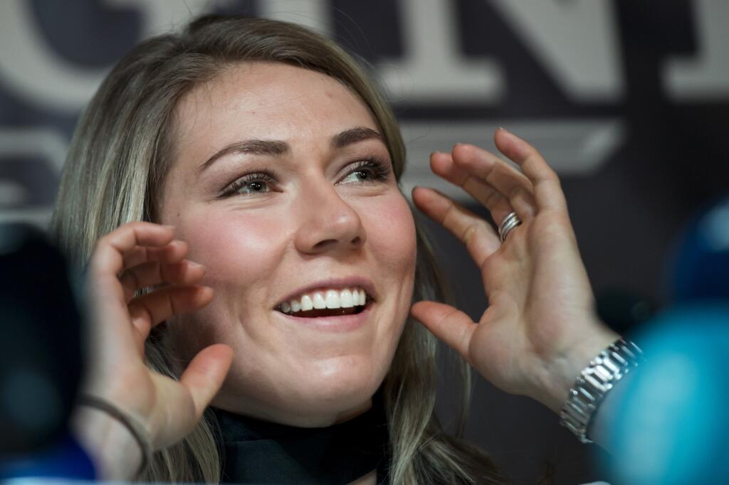 Mikaela Shiffrin of the US attends a newss conference at Alpine Skiing World Championships in St. Moritz, Switzerland, on Monday, Feb. 6, 2017. (Jean-Christophe Bott/Keystone via AP)