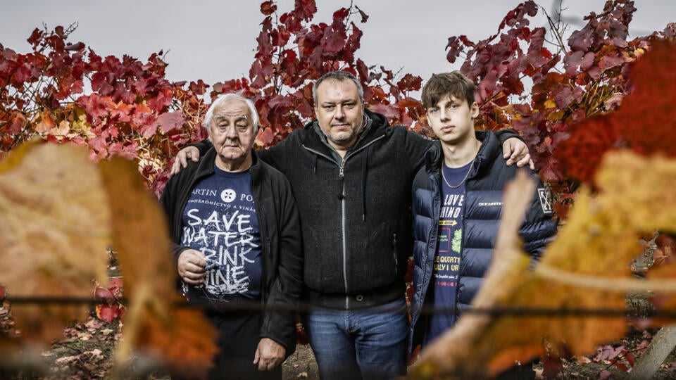 Na snímke vinár Martin Pomfy s otcom Ludovítom a synom Matejom.
