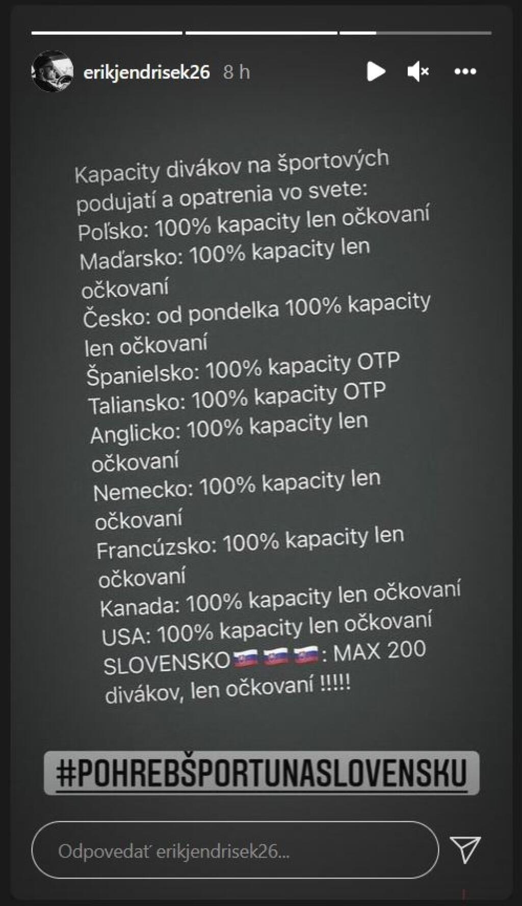 Na sociálnych sieťach sa k opatreniam vyjadrili aj športové hviezdy. Viacerí z nich zdieľali opatrenia na štadiónoch v zahraničí v porovnaní s najnovšími opatreniami na Slovensku a pridali hashtag #pohrebšportunaslovensku.