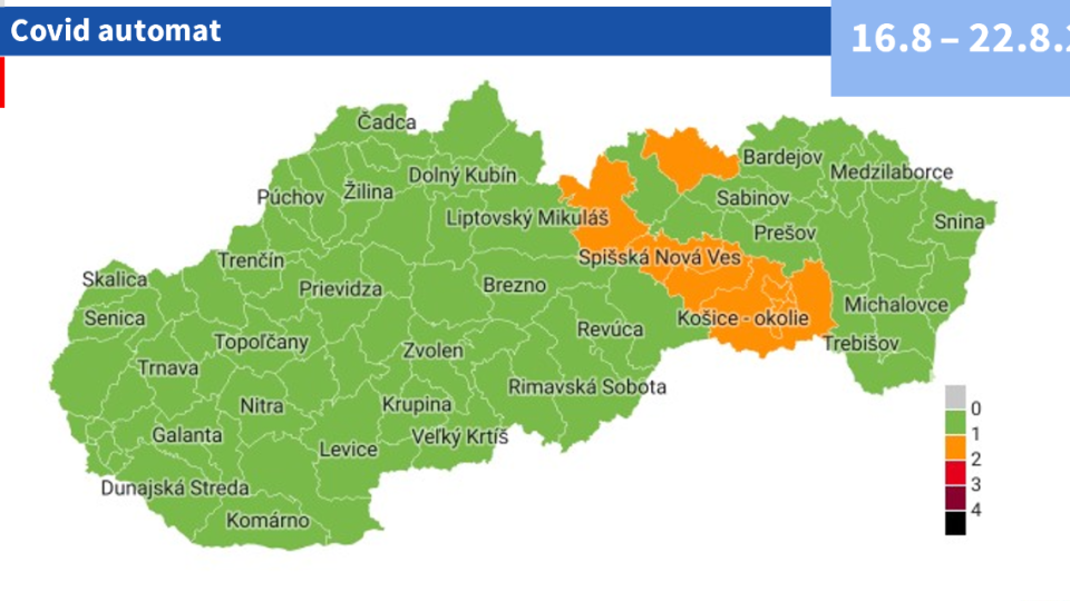 Deväť okresov prechádza do oranžovej farby.