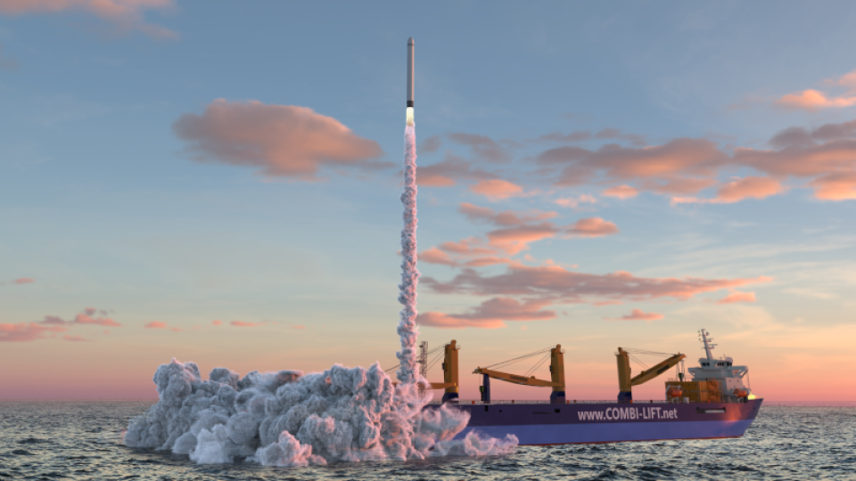 Vizualizácia štartu rakety z plávajúcej základne organizácie German Offshore Spaceport Alliance (GOSA) v Severnom mori