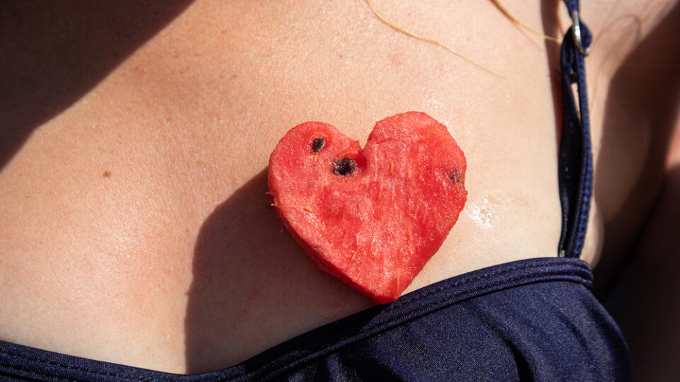 A,Heart,Of,A,Watermelon,On,A,Woman's,Chest,Summer