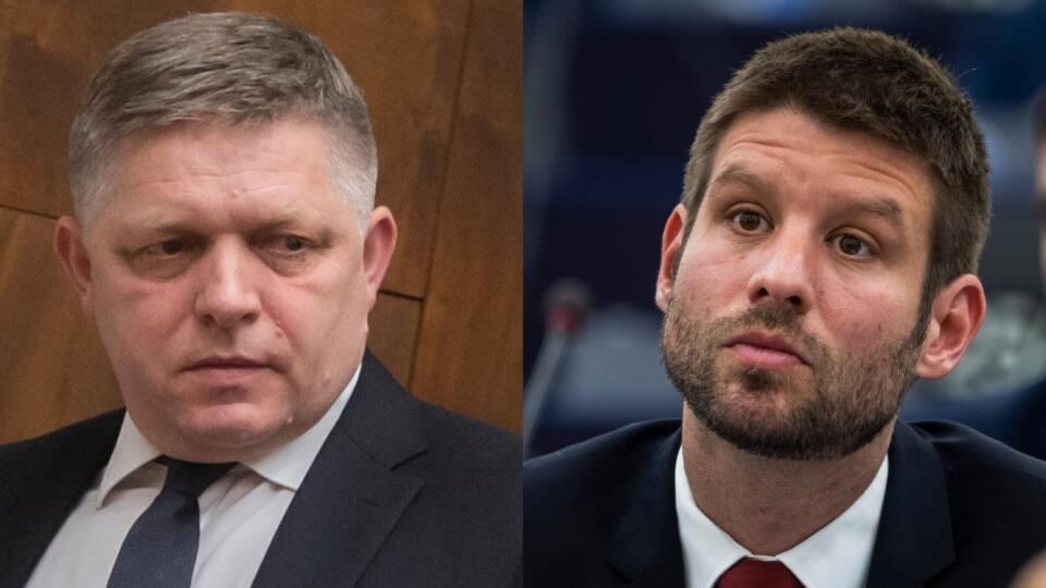 Na kombosnímke zľava Robert Fico, šéf strany Smer-SD a Michal Šimečka, líder hnutia Progresívne Slovensko.