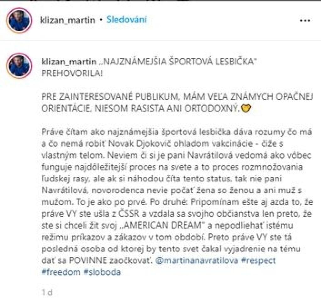 Takto naložil Martin Kližan legendárnej tenistke na svojom instagramovom konte