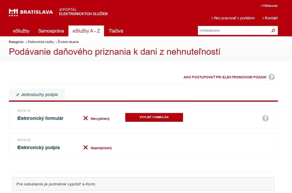 Elektronické podávanie daňového priznania k dani z nehnuteľnosti (mesto Bratislava)