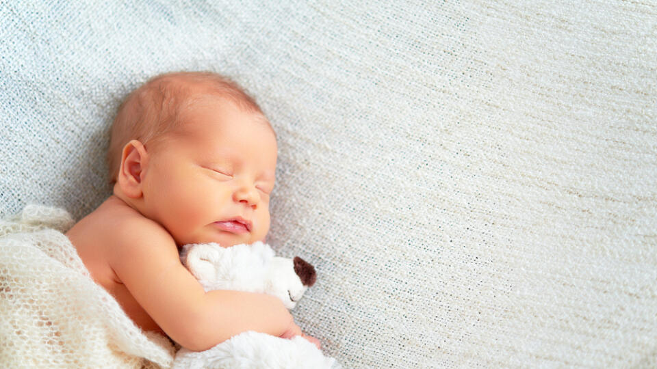 Cute,Newborn,Baby,Sleeps,With,A,Toy,Teddy,Bear,White