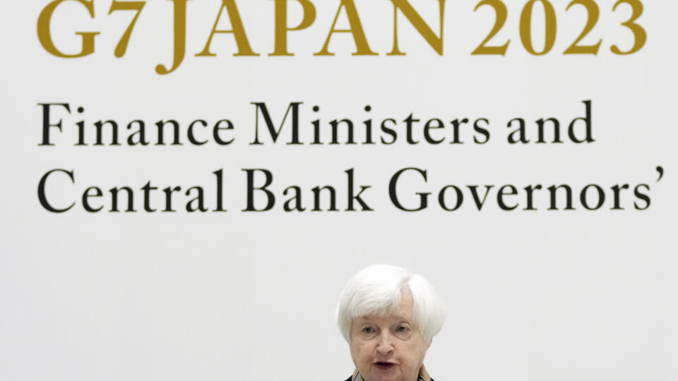 Americká ministerka financií Janet Yellenová počas tlačovej konferencie na stretnutí ministrov financií a guvernérov centrálnych bánk skupiny G7 v japonskom meste Nigata vo štvrtok 11. mája 2023.