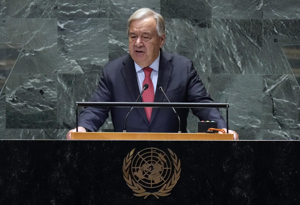 JB 12 New York - Generálny tajomník OSN António Guterres počas prejavu na 79. zasadnutí Valného zhromaždenia (VZ) OSN v New Yorku 24. septembra 2024. FOTO TASR/AP

U.N. Secretary-General AntĂłnio Guterres addresses the 79th session of the United Nations General Assembly, Tuesday, Sept. 24, 2024. (AP Photo/Richard Drew)