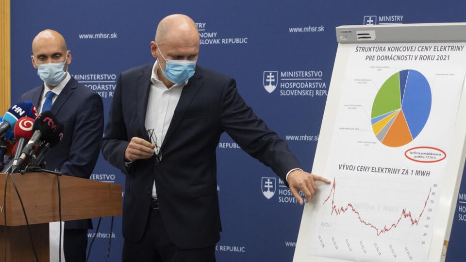 Na snímke vpravo minister hospodárstva (MH) SR Richard Sulík a vľavo štátny tajomník MH SR Karol Galek (SaS) počas tlačovej konferencie na tému Ceny elektriny v Bratislave v piatok 27. augusta 2021. FOTO TASR - Martin Baumann
