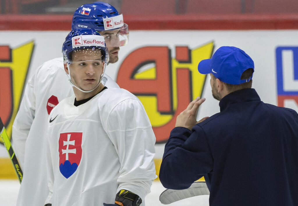 Prvý tréning slovenskej hokejovej reprezentácie pred štartom MS v Helsinkách. Na snímke Mislav Rosandič počúva pokyny asistenta trénera Andreja Pedkonického.