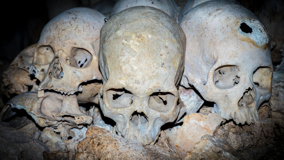 Skulls,Collected,By,Cannibals,In,A,Cave,In,Papua,New