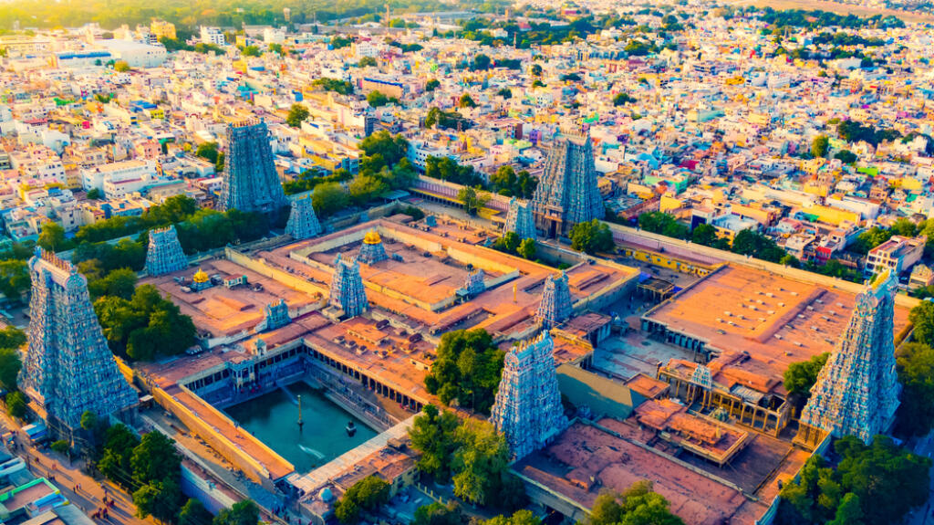 Meenakshi amman temple Madurai tamilnadu india drone shot sunset beautiful
