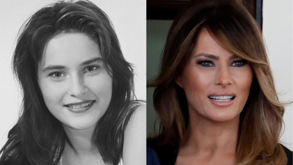 Melania Trumpová, vľavo, keď mala 16, vpravo v súčasnoti.