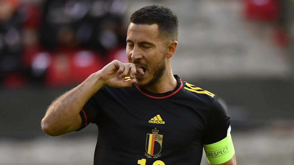 Belgický hráč Eden Hazard reaguje vo futbalovom zápase 2. kola Ligy národov Belgicko - Poľsko v Bruseli 8. júna 2022.