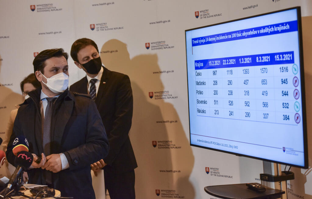 Na snímke zľava štátny tajomník Ministerstva zdravotníctva SR Peter Stachura, poverený minister zdravotníctva SR a minister financií SR Eduard Heger počas tlačovej konferencie k aktuálnej epidemiologickej situácii po skončení rokovania Pandemickej komisie Vlády SR 16. marca 2021 v Bratislave. FOTO TASR - Pavol Zachar