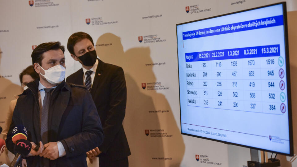 Na snímke zľava štátny tajomník Ministerstva zdravotníctva SR Peter Stachura, poverený minister zdravotníctva SR a minister financií SR Eduard Heger počas tlačovej konferencie k aktuálnej epidemiologickej situácii po skončení rokovania Pandemickej komisie Vlády SR 16. marca 2021 v Bratislave. FOTO TASR - Pavol Zachar