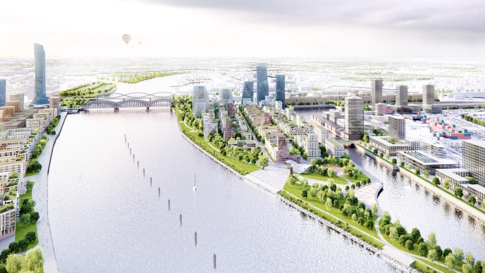 Nová hamburská štvrť Grasbrook - vizualizácia pohľadu zo západu