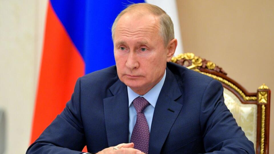 Russian President Vladimir Putin chairs a Security Council meeting via video conference in Moscow, Russia, Wednesday, Oct. 14, 2020.