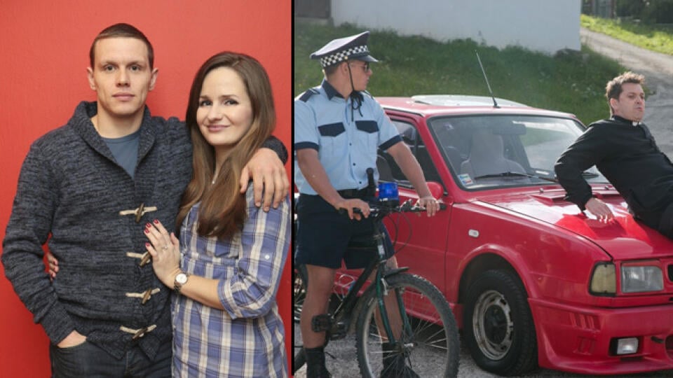 Herci Michal Kubovčík a Zuzana Šebová po ľavej strane a napravo Kubovčík a Marek Majeský zo seriálu Horná Dolná.