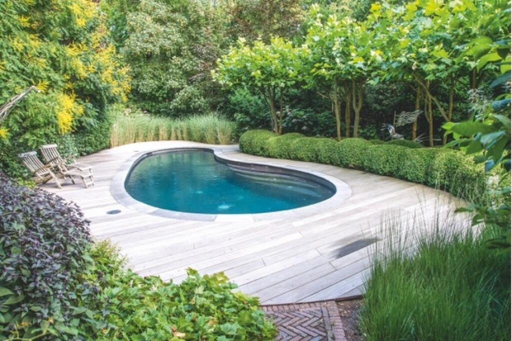 Bazén v tvare lastúry s drevenou terasou a obklopený kríkmi vám zabezpečí pohodlný prístup i súkromie.
