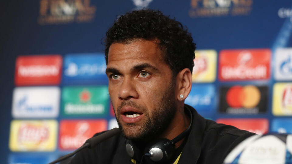 CARDIFF, WALES - JUNE 02:  In this handout image provided by UEFA, Dani Alves of Juventus talks during a press conference prior to the UEFA Champions League Final between Juventus and Real Madrid at the National Stadium of Wales on June 2, 2017 in Cardiff, Wales.  (Photo by Handout/UEFA via Getty Images)