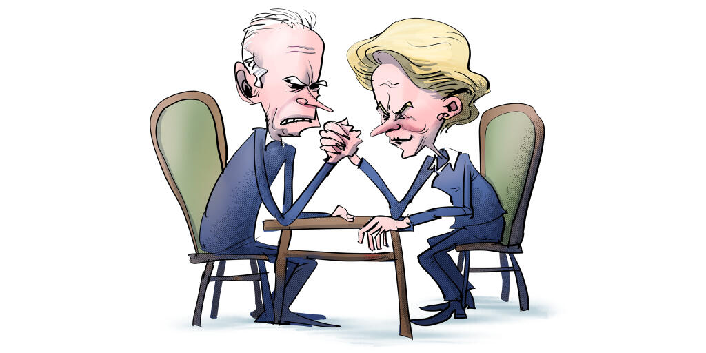 ilustracia, biden,USA,Europa, Von der Leyen,suboj,pretlacanie