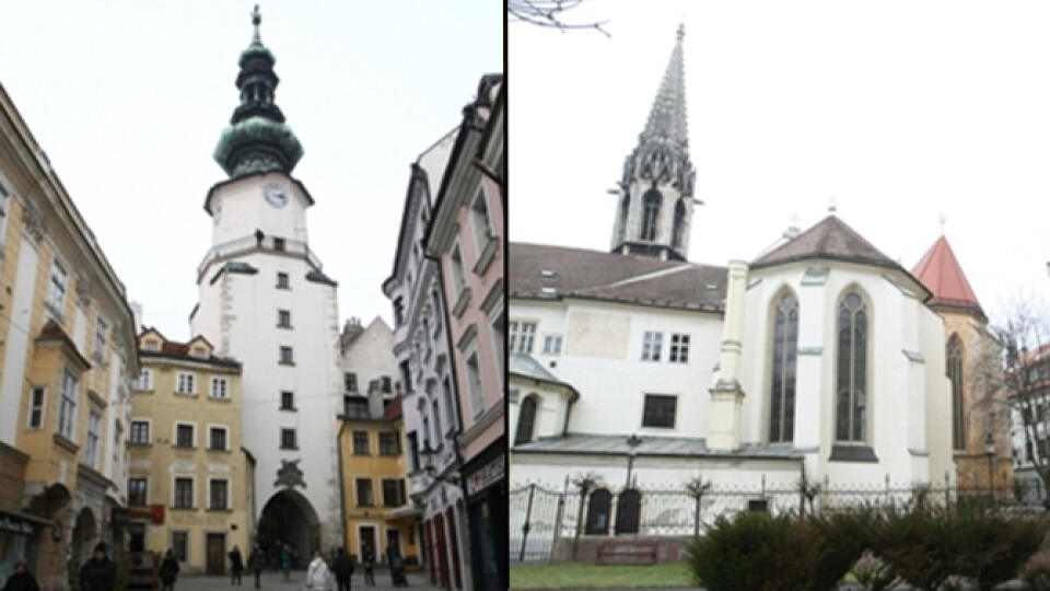 Naľavo Michalská veža a napravo kostol Františkánov.