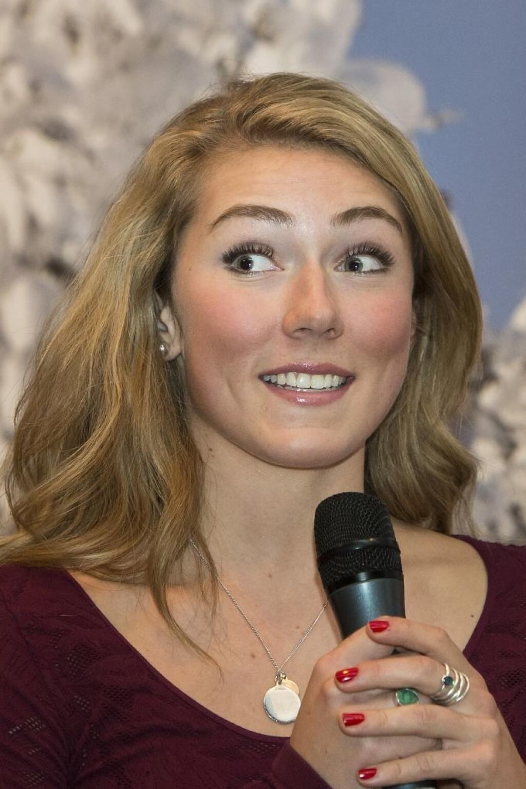 Skiracer Mikaela Shiffrin of the US speaks during the FIS annual Alpine Forum at the alpine skiing World Cup in Soelden, Austria, Friday, Oct. 24, 2014. The alpine skiing World Cup season 2014/2015 will be opened on Oct. 25, 2014 in Soelden. (AP Photo/Keystone, Jean-Christophe Bott)