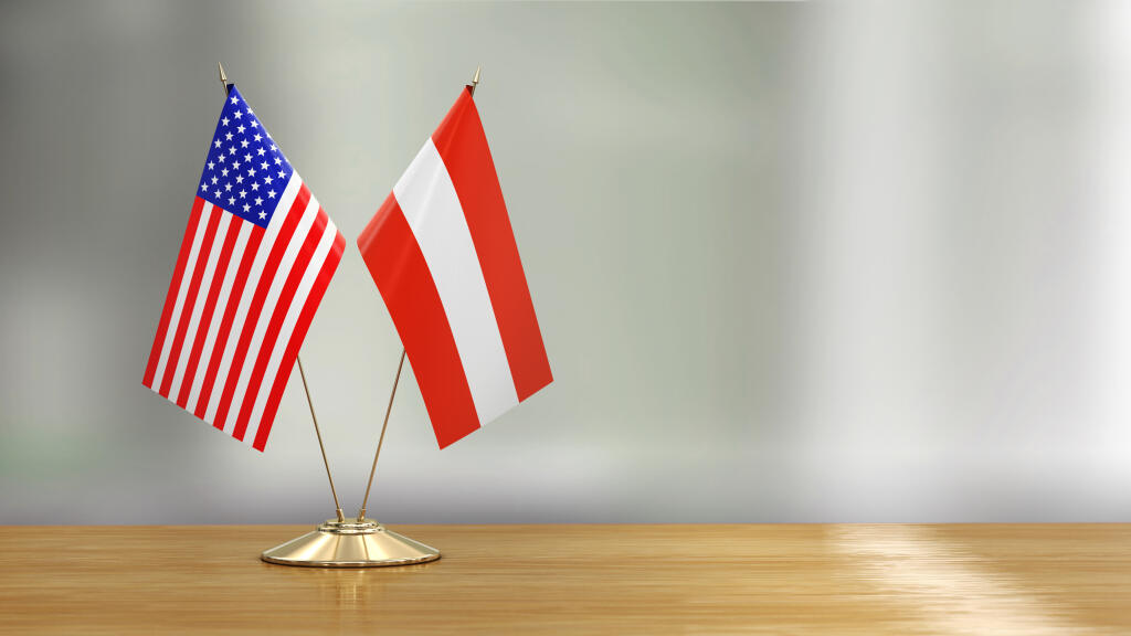 3d,Illustration.,American,And,Austrian,Flag,Pair,On,A,Desk