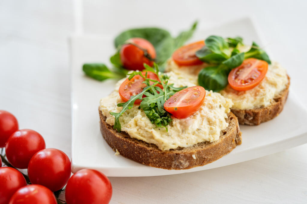 Egg,Cheese,Ham,Dip,,Spread,On,Open,Finger,Food,Sandwich