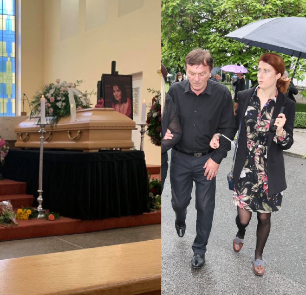 Vystavená rakva Libušky Šafránkovej v kostole sv. Anežky. Zroneného Pavla Trávníčka museli podopierať z oboch strán.